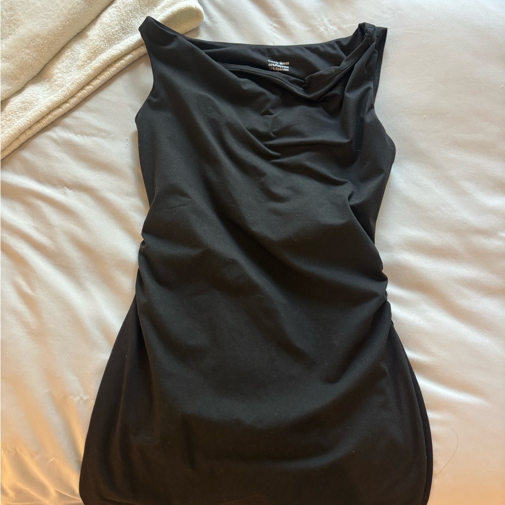 Off the shoulder body con black mini dress